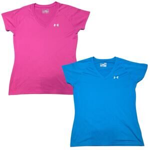 Under Armour 2 Shirts Womens Small Pink Blue V-Neck Semi-Fitted Heatgear Active